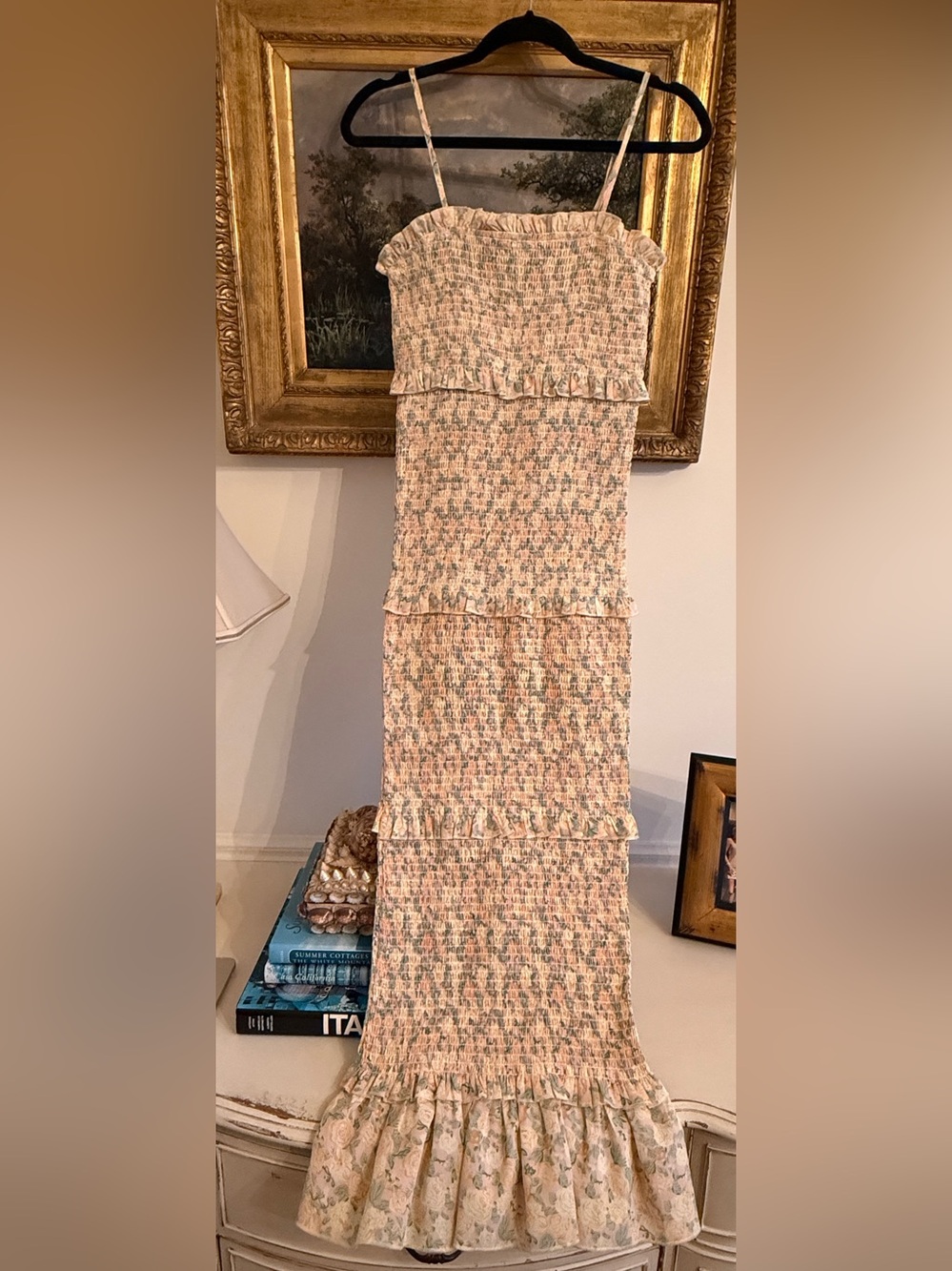Mahina Ruched Floral Dress. Yellow/pastels. Size Medium. Like new.